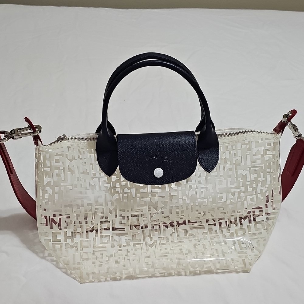 Longchamp Le Pliage Clear Plastic And Leather Bag Purse Blue White Red